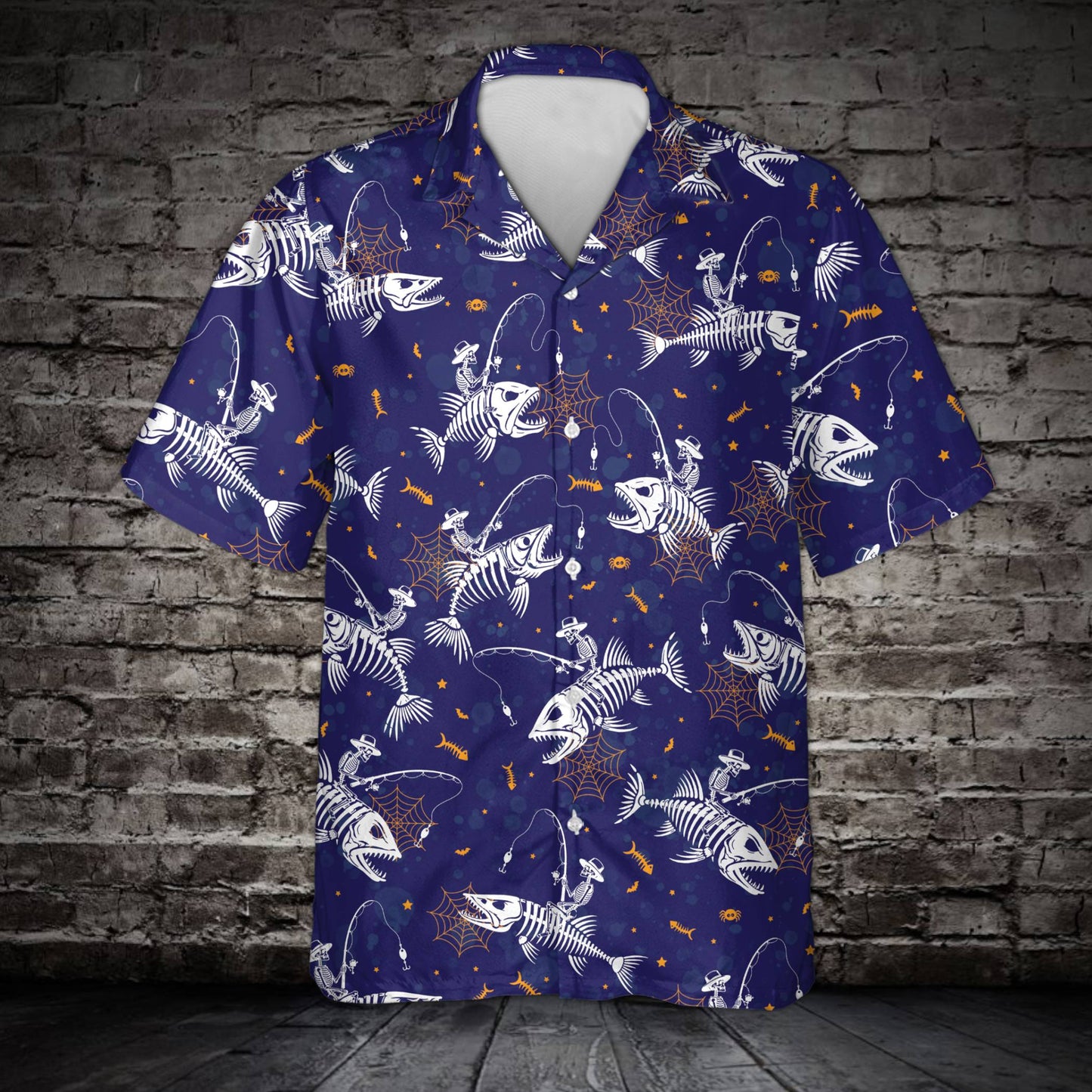 Front view of the navy matching family hawaiian shirts with skeleton print