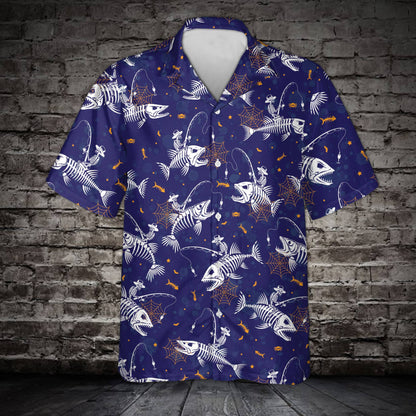 Front view of the navy matching family hawaiian shirts with skeleton print