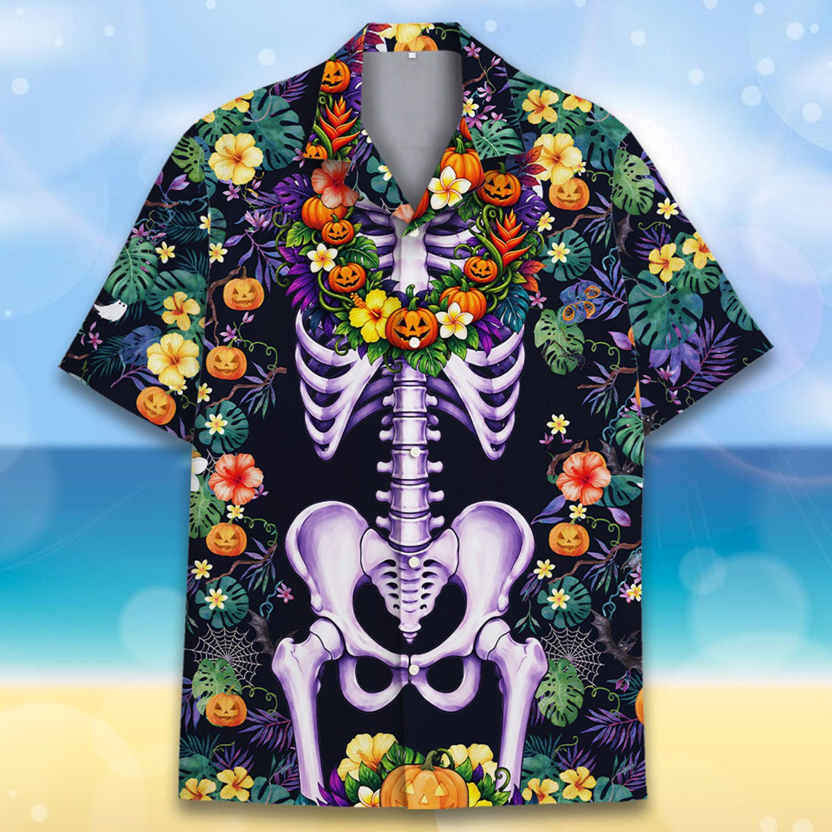 Navy blue matching family hawaiian shirt with jack-o'-lanterns and bats, front view