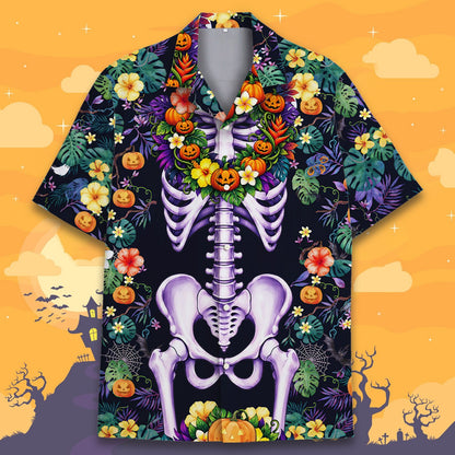 Close-up front view of the floral skeleton printed on a dark tropical background