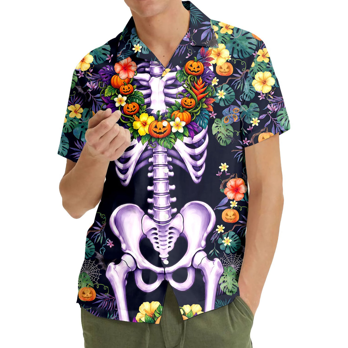 Front perspective of the halloween skeleton hawaiian shirt