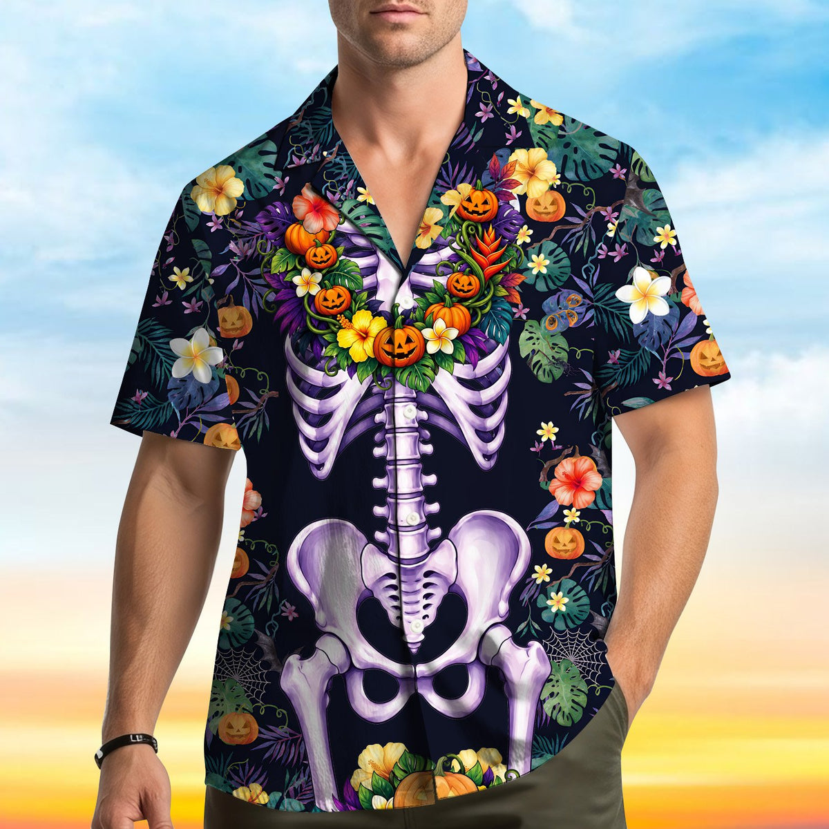 Detailed front view of the polyester matching family hawaiian shirt