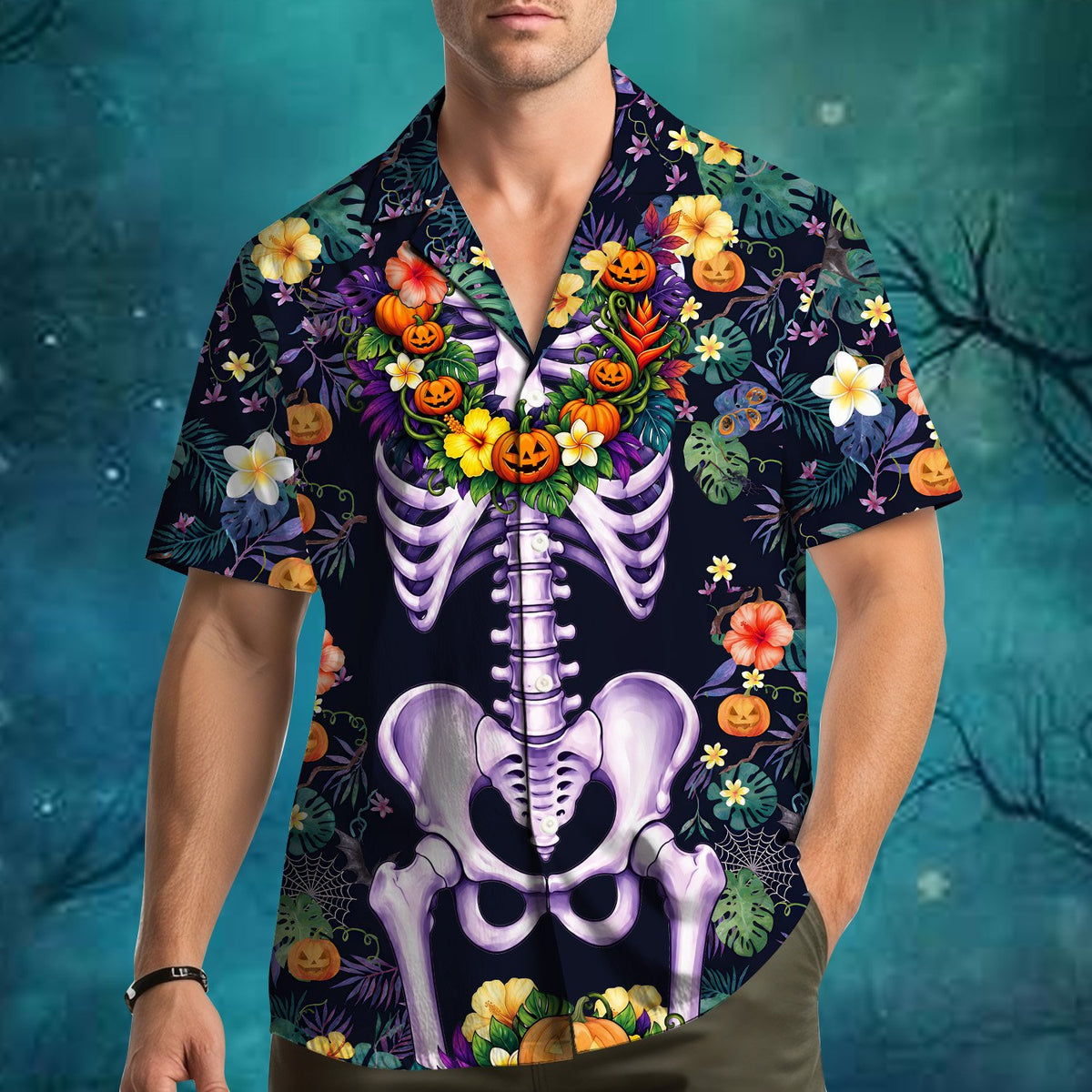 Front shot of the tropical floral shirt hawaiian for halloween
