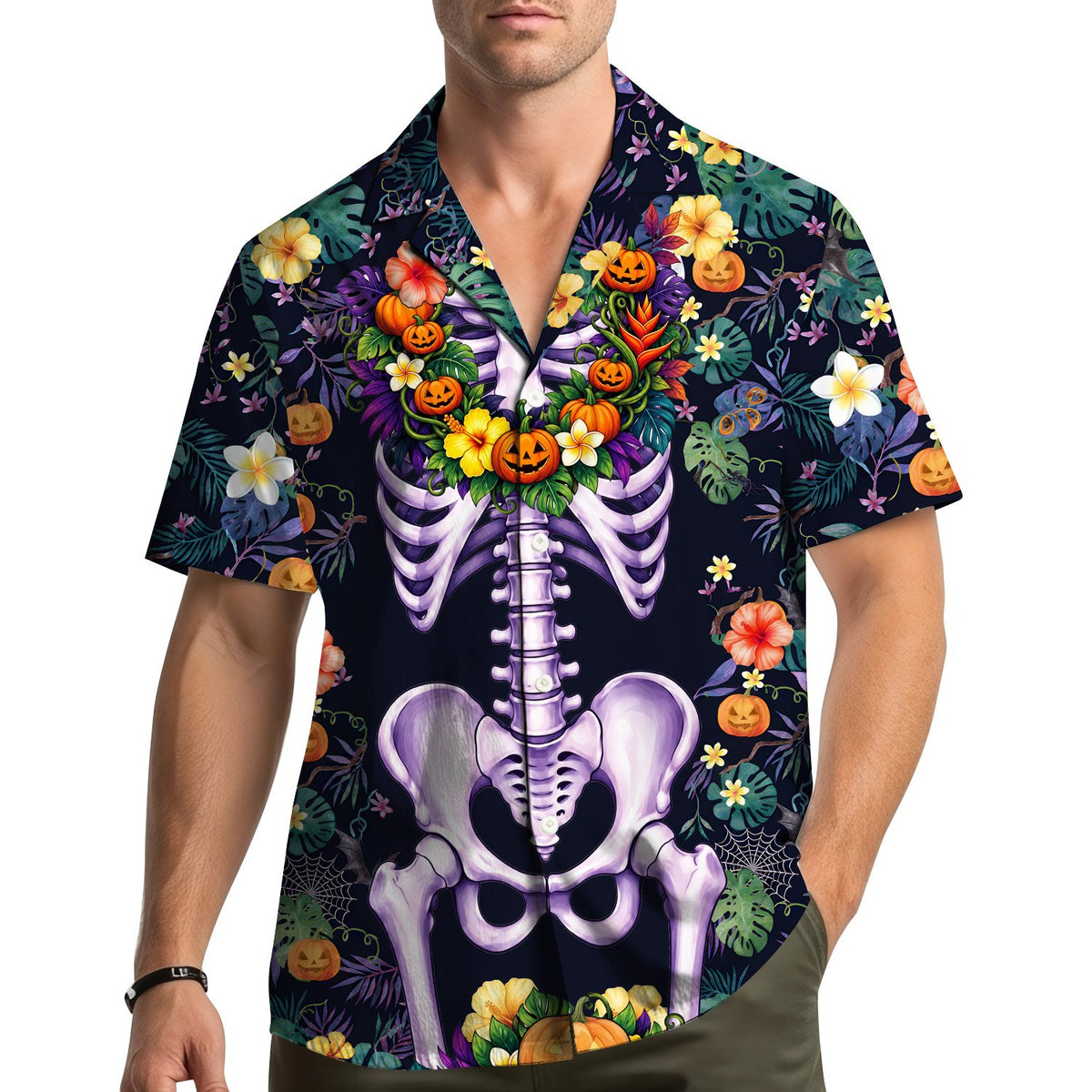 Front view displaying the large stylized skeleton with orange and green accents