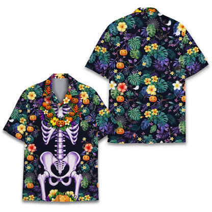 Full front view of the navy purple and orange halloween hawaiian shirt