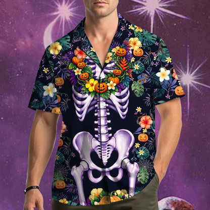 Halloween skeleton floral shirt hawaiian with dark navy background, main view