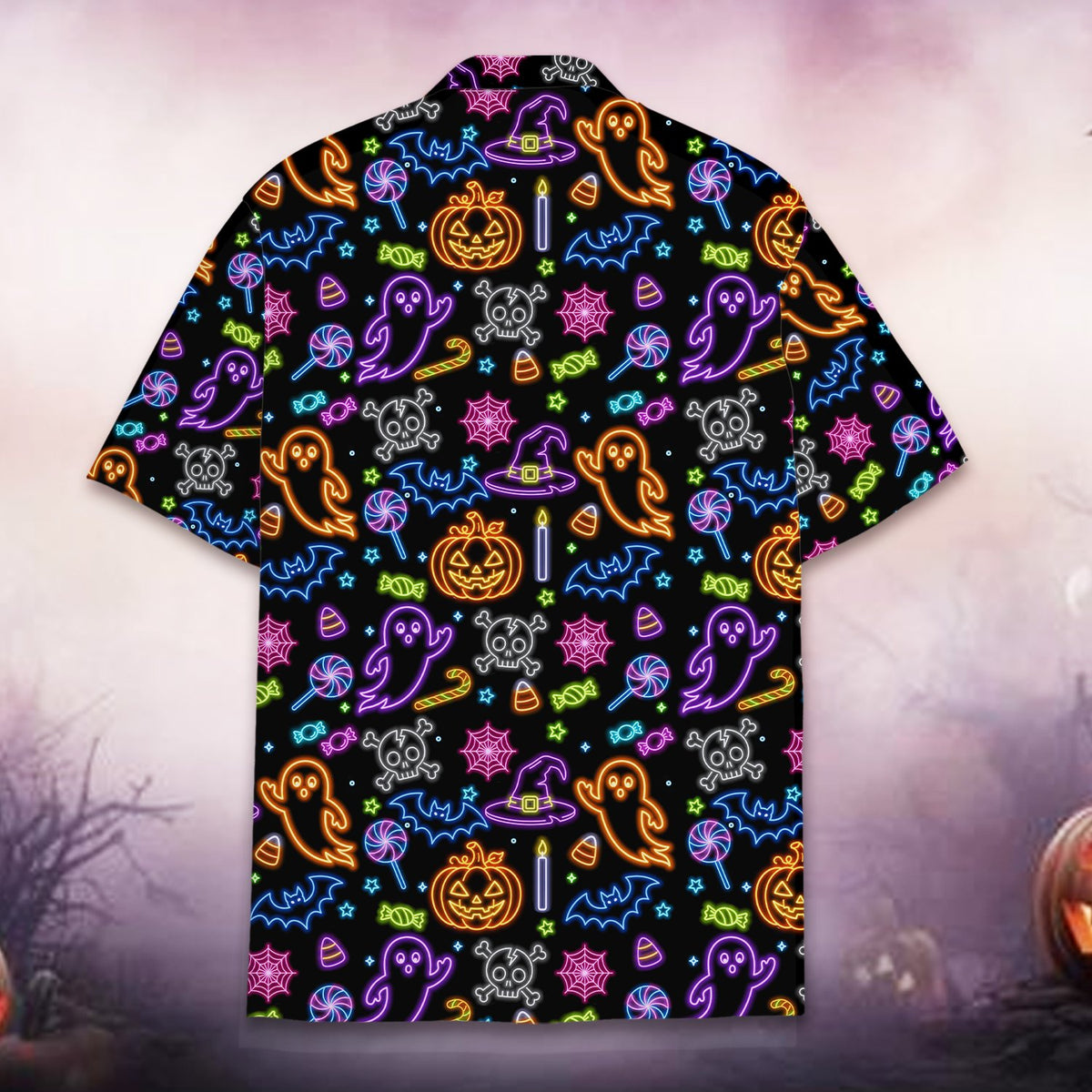 Back detail of the halloween neon hawaiian shirt on a black background