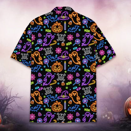 Back detail of the halloween neon hawaiian shirt on a black background