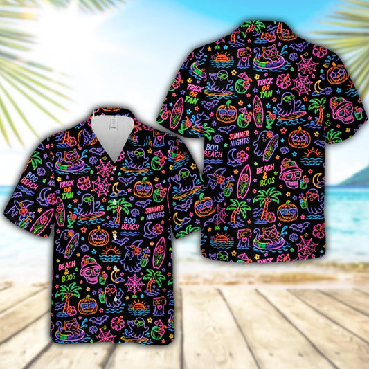 Main view of the matching family halloween neon hawaiian shirt featuring vibrant neon tropical and spooky motifs on black.