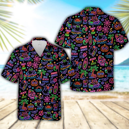 Front view of the black hawaiian shirt with neon Halloween designs like bats, skulls, and palm trees.