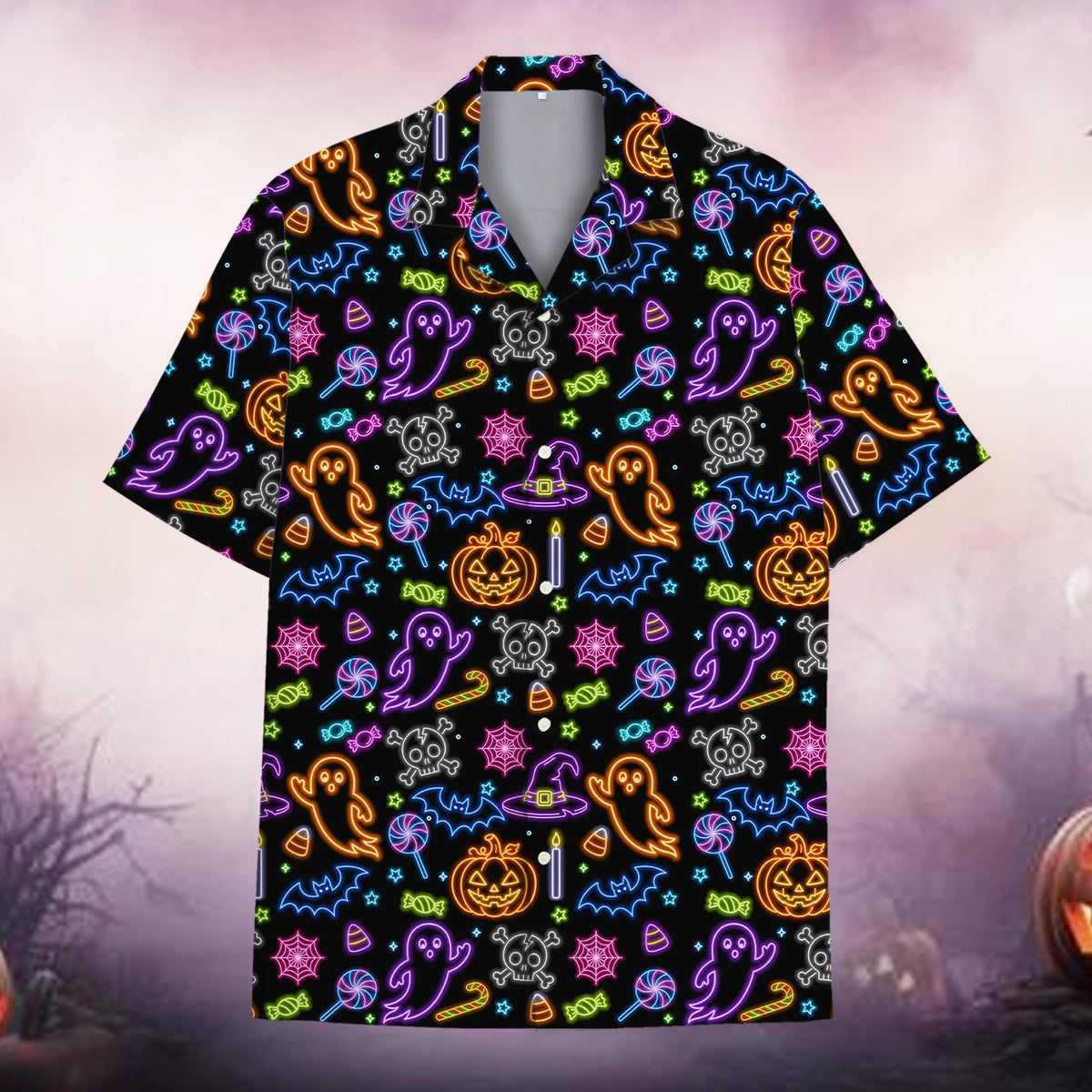Halloween neon hawaiian shirt featuring vibrant colorful patterns on black