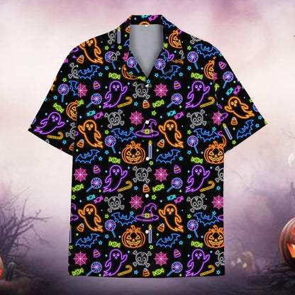 Halloween neon hawaiian shirt featuring vibrant colorful patterns on black