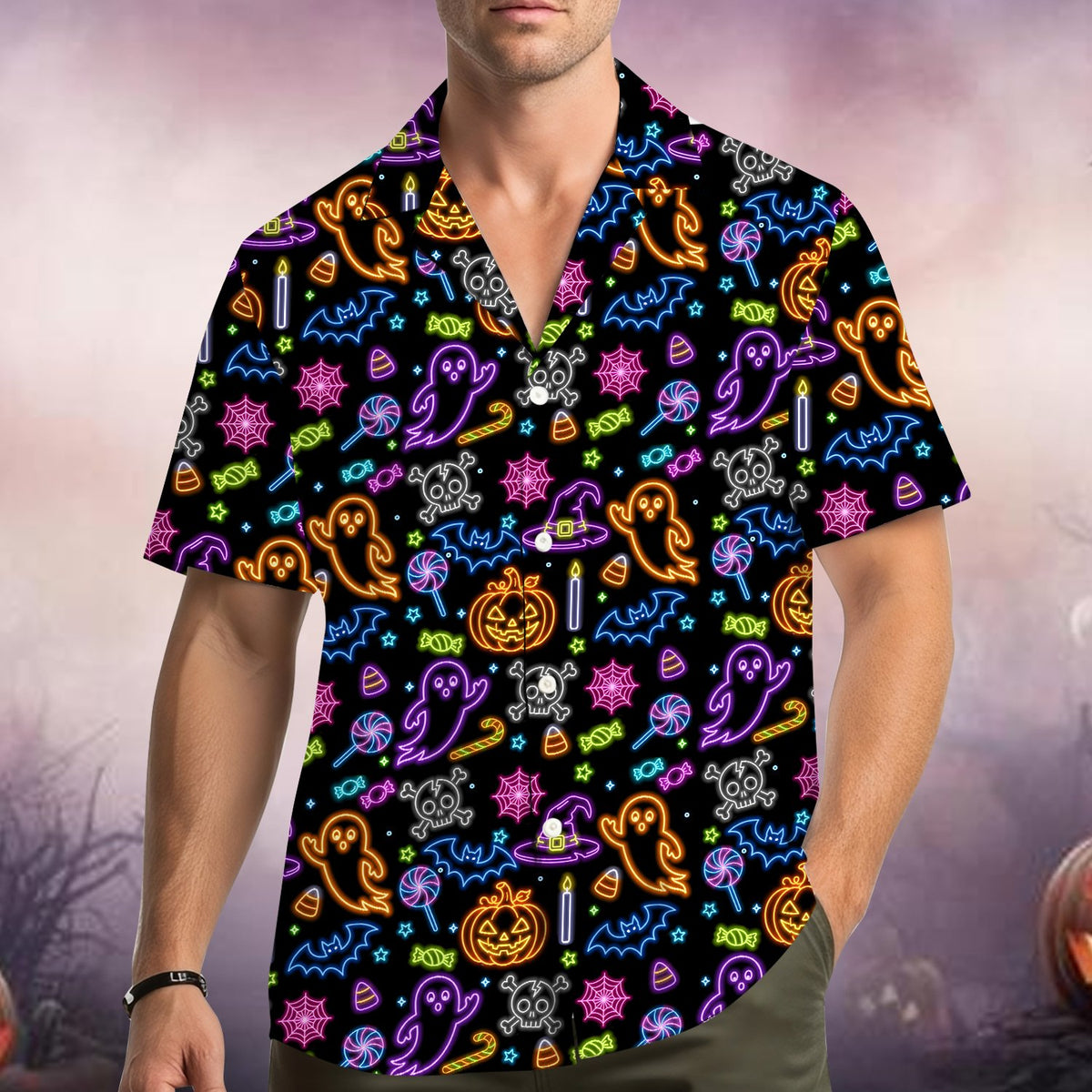 Family wearing matching hawaiian shirts in Halloween neon style