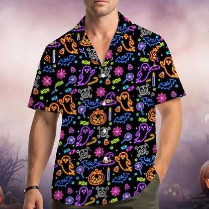 Family wearing matching hawaiian shirts in Halloween neon style