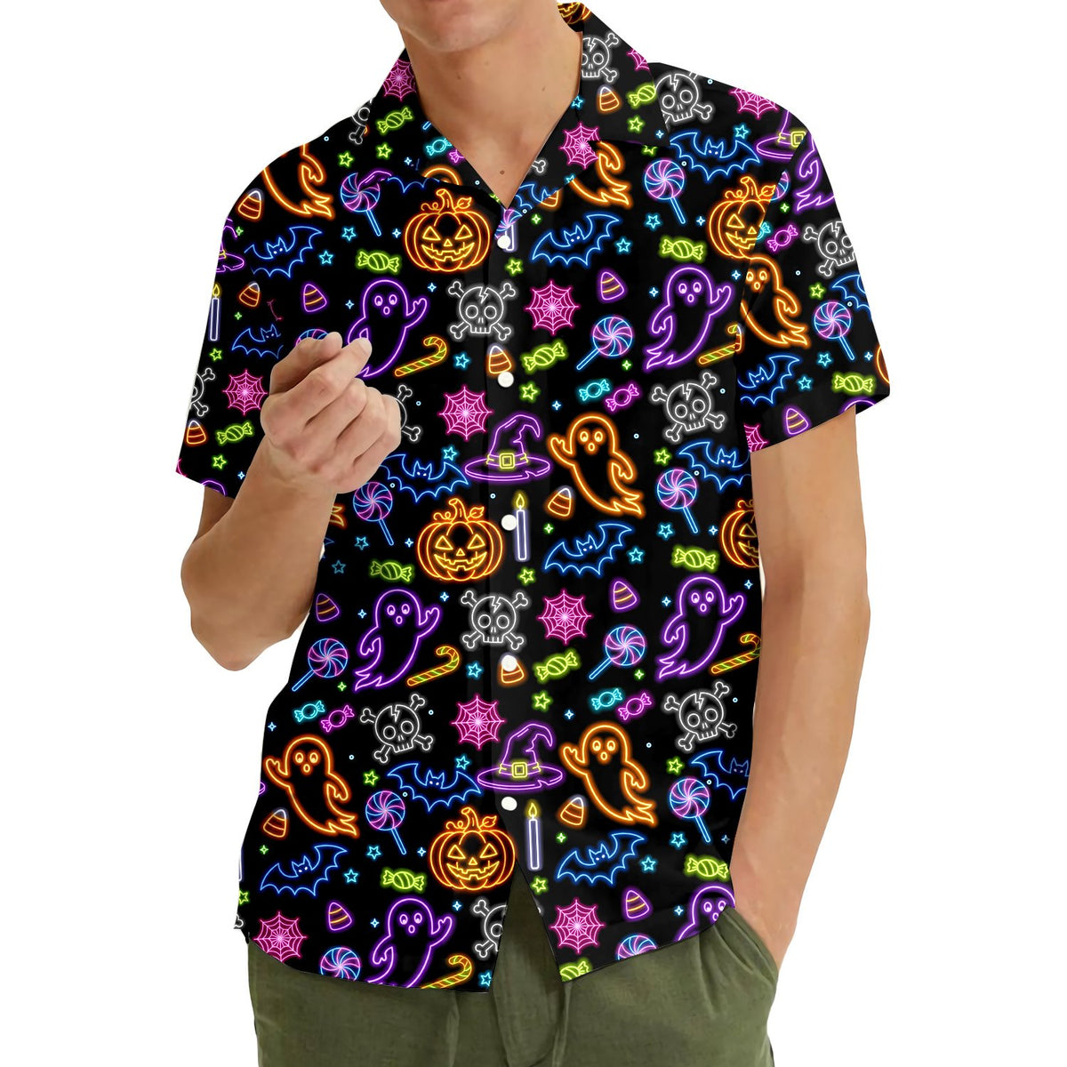 Another lifestyle shot of the bright neon hawaiian shirt outdoors