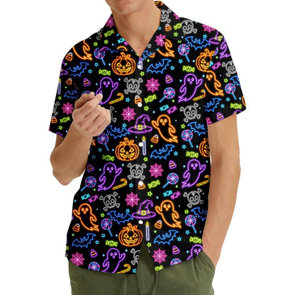 Another lifestyle shot of the bright neon hawaiian shirt outdoors