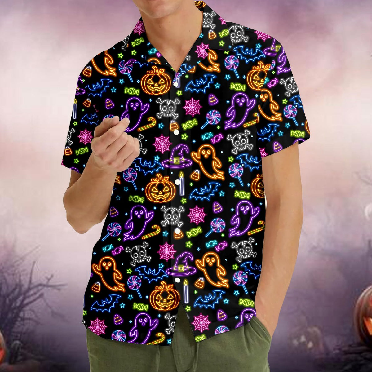 Close-up lifestyle view showing the vibrant neon Halloween details