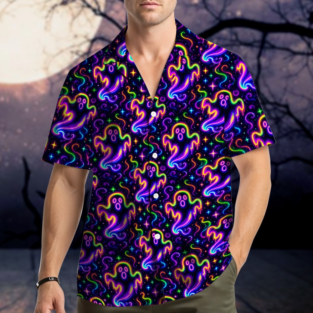 Back view of the halloween neon ghosts hawaiian shirt with all-over vibrant print