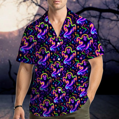 Back view of the halloween neon ghosts hawaiian shirt with all-over vibrant print