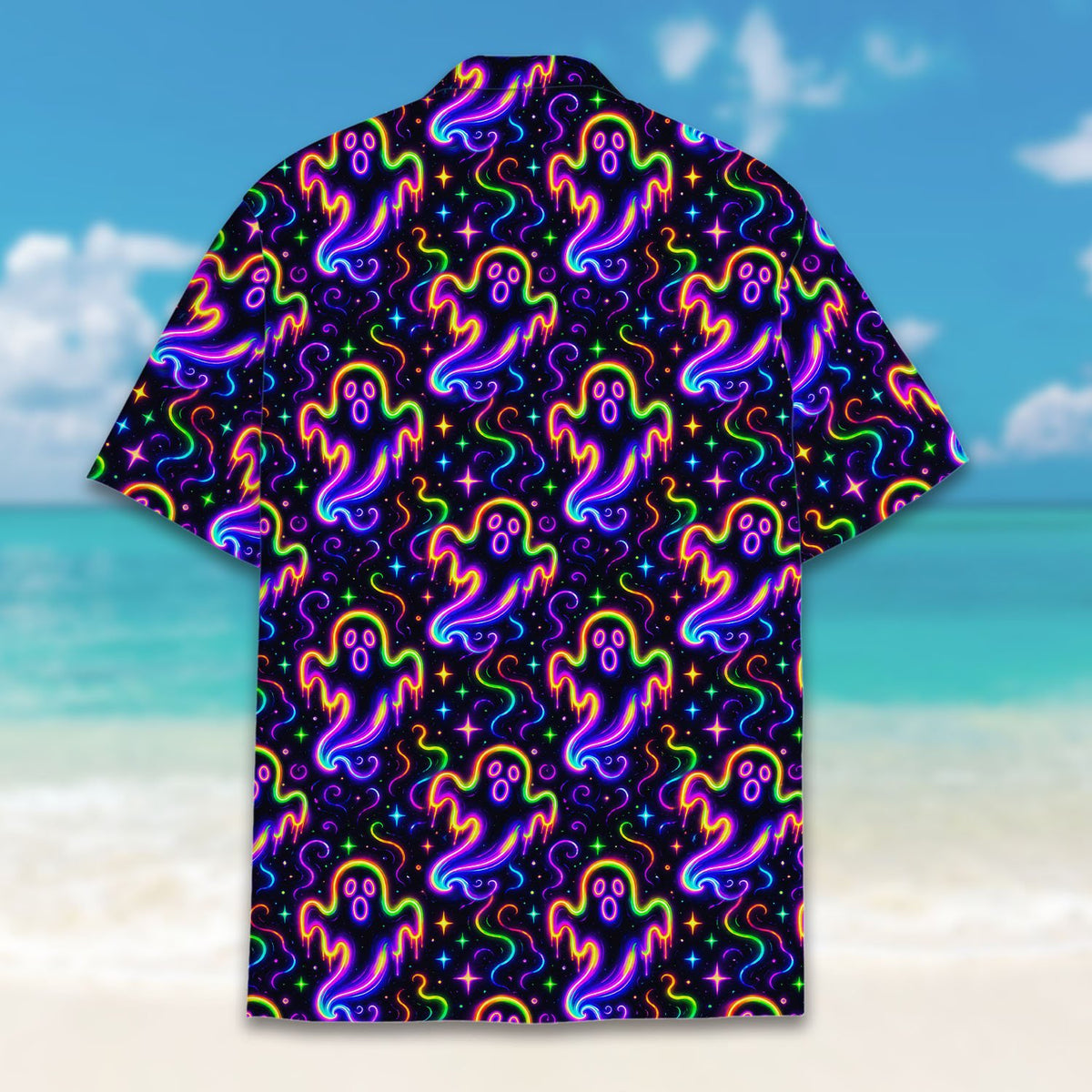 Close up front view of the halloween neon ghosts hawaiian shirt collar and button details
