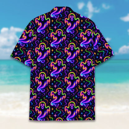 Close up front view of the halloween neon ghosts hawaiian shirt collar and button details