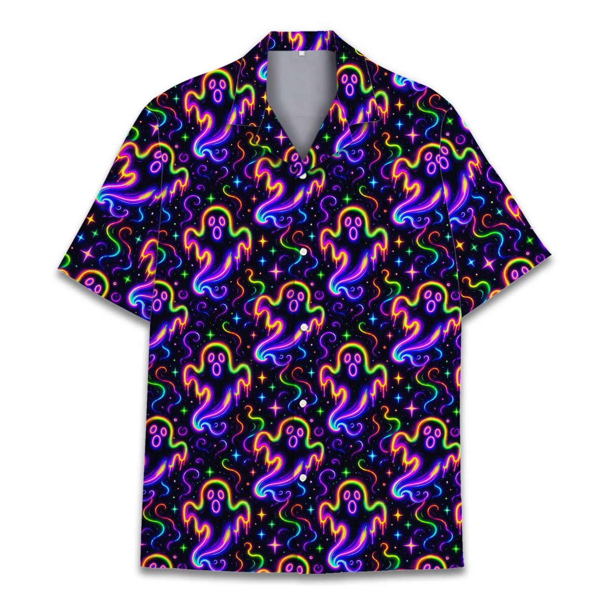Detailed front view showing neon green and purple ghosts on the holiday hawaiian shirt