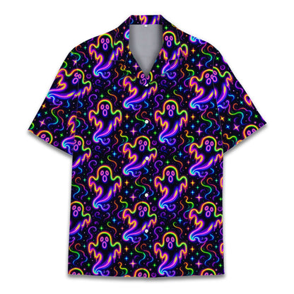 Detailed front view showing neon green and purple ghosts on the holiday hawaiian shirt