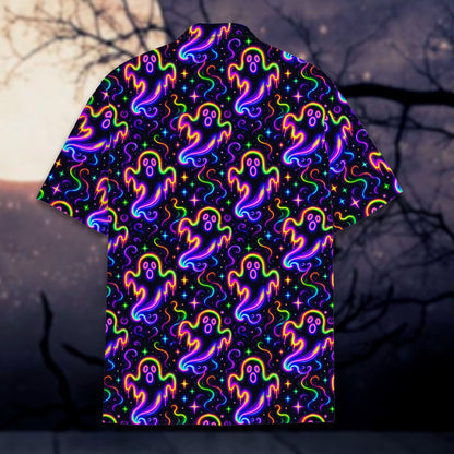Halloween neon ghosts hawaiian shirt with vibrant spooky design on black background, front view