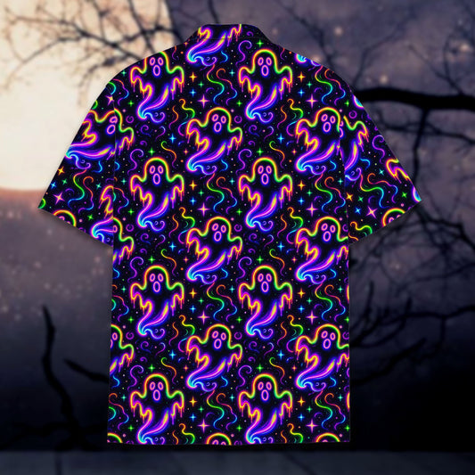 Halloween neon ghosts hawaiian shirt with vibrant spooky design on black background, front view
