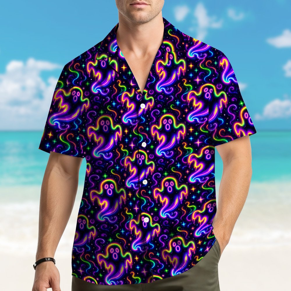 Lifestyle image featuring the halloween neon ghosts hawaiian shirt worn outdoors