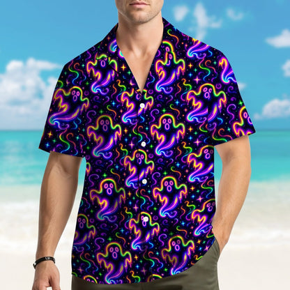 Lifestyle image featuring the halloween neon ghosts hawaiian shirt worn outdoors