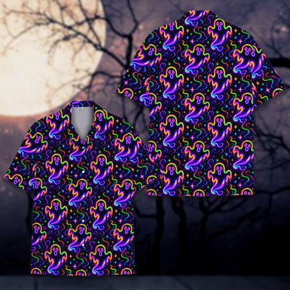 Close up lifestyle shot highlighting the neon blue and pink ghost details on the shirt