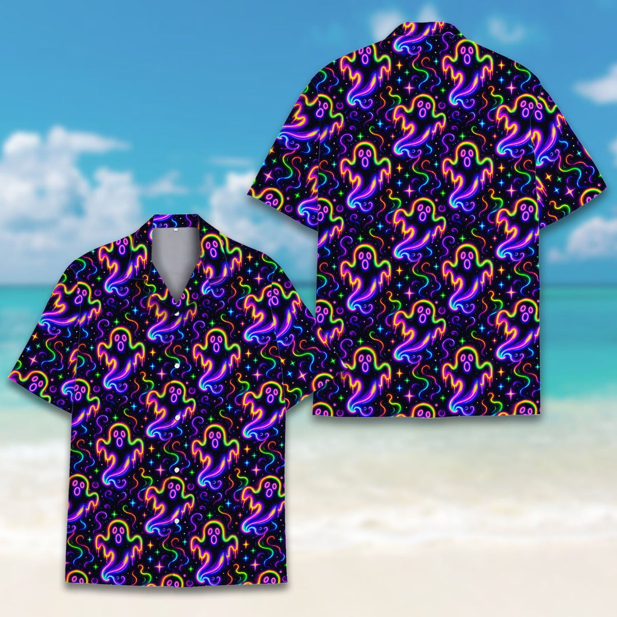 Another lifestyle view of the halloween neon ghosts hawaiian shirt styled for a spooky event