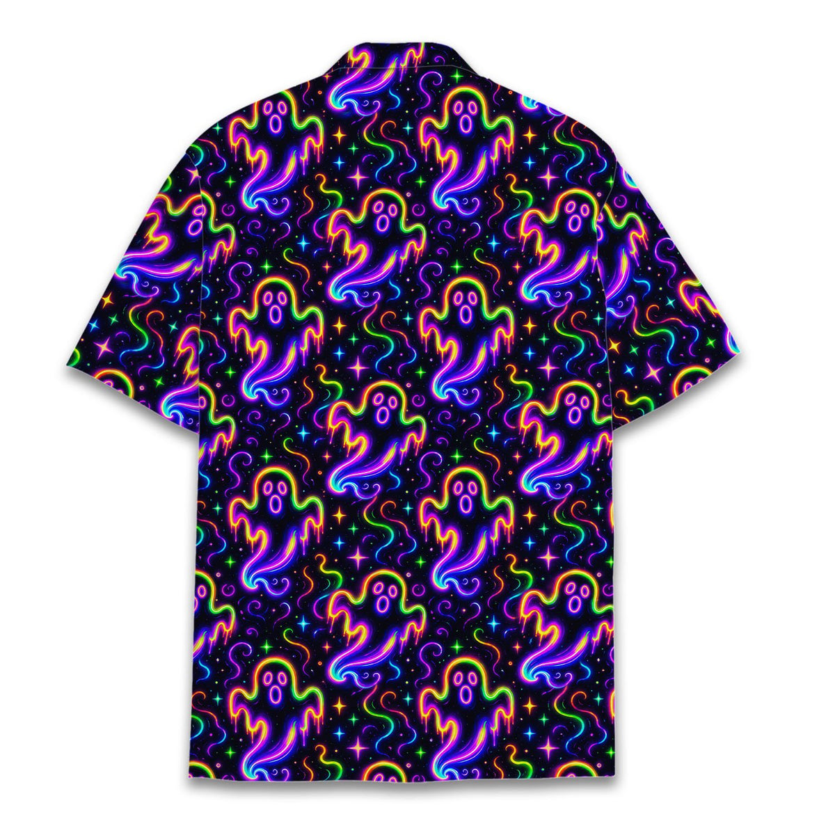 Lifestyle shot of a person wearing the matching family hawaiian shirts in a spooky neon ghost print