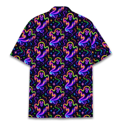 Lifestyle shot of a person wearing the matching family hawaiian shirts in a spooky neon ghost print