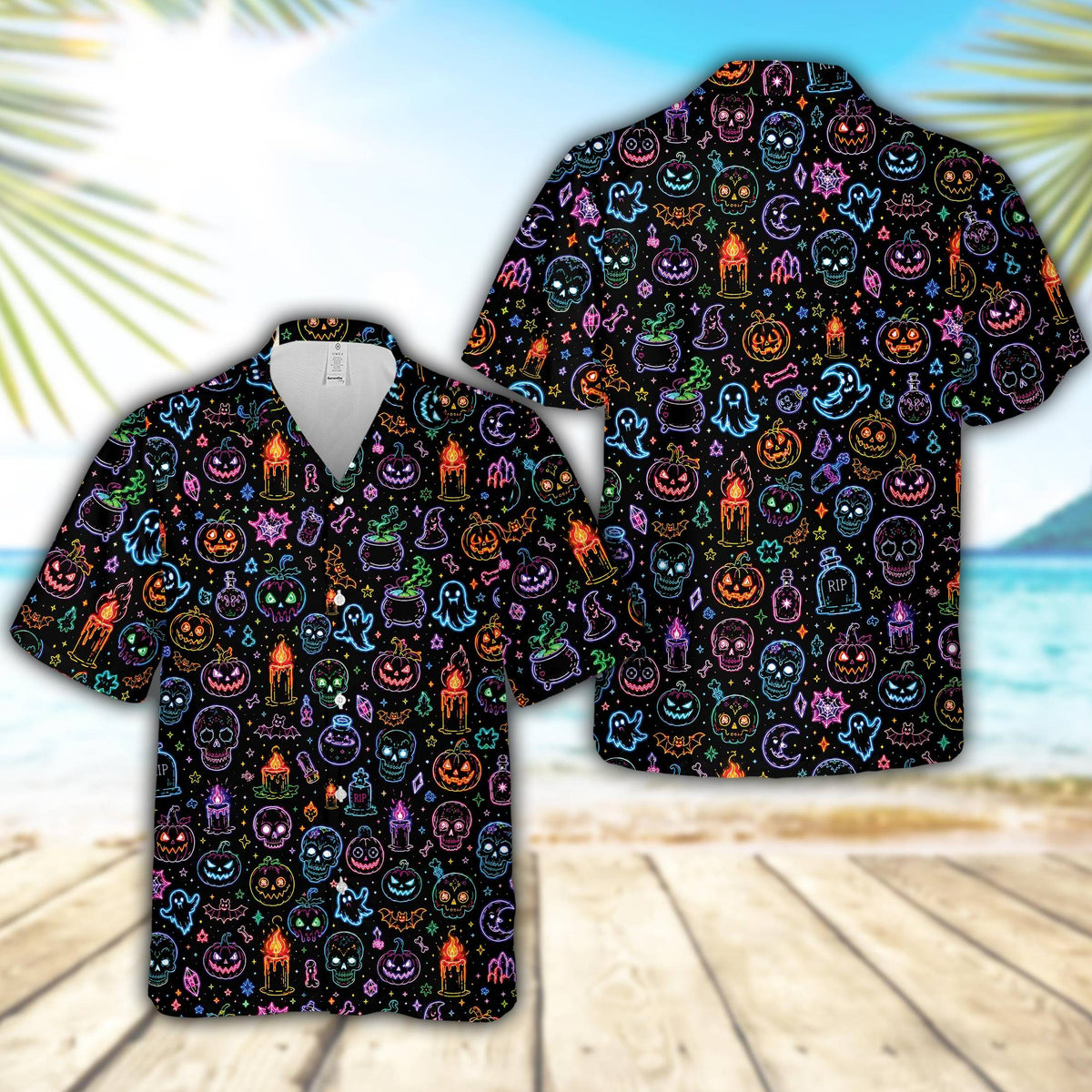 Neon hawaiian shirt with bright glowing Halloween icons like bats and skulls on a black background