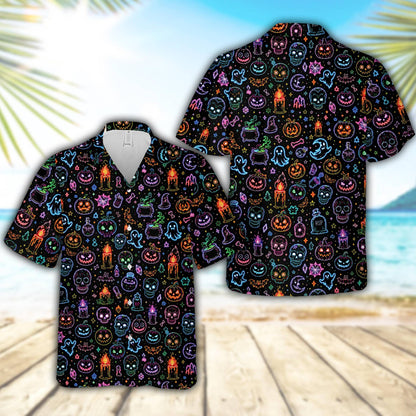 Neon hawaiian shirt with bright glowing Halloween icons like bats and skulls on a black background