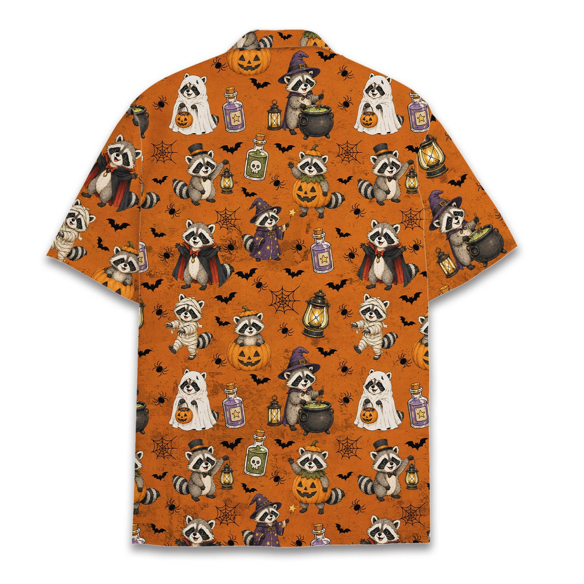 Matching family hawaiian shirt featuring raccoons in costumes and pumpkins, back view