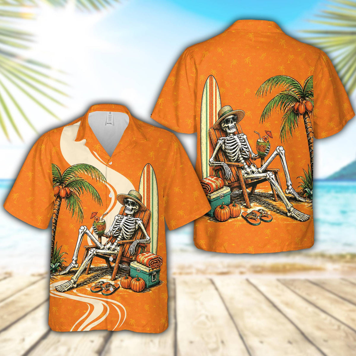 Matching family beach hawaiian shirt featuring a skeleton lounging in a beach chair with pumpkins, main view