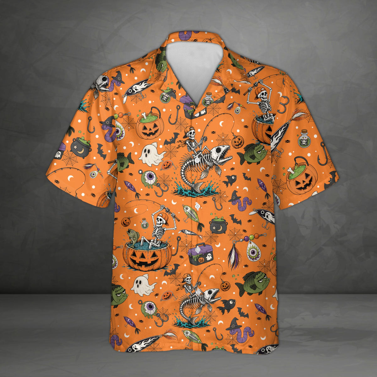 Orange matching family hawaiian shirt with halloween skeleton fishing print, main view