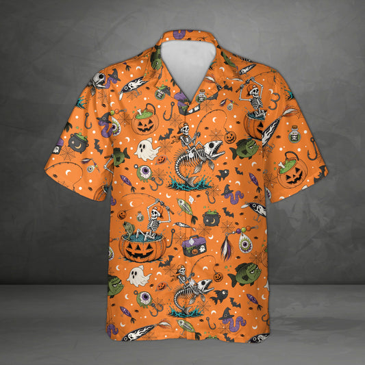 Orange matching family hawaiian shirt with halloween skeleton fishing print, main view