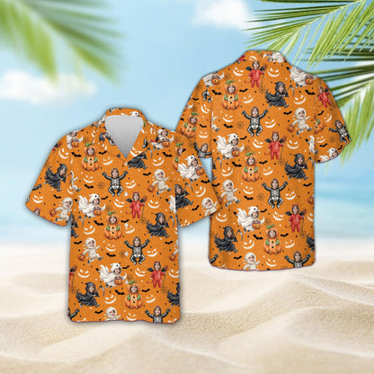 Orange custom hawaiian shirt with name and Halloween design, front view