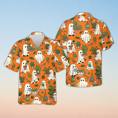 Matching family halloween hawaiian shirt with ghosts and plants, orange background, front view