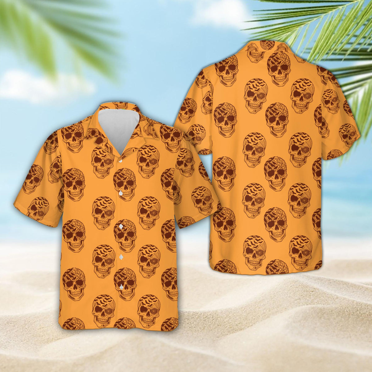 Orange family hawaiian shirts with halloween pattern, front view