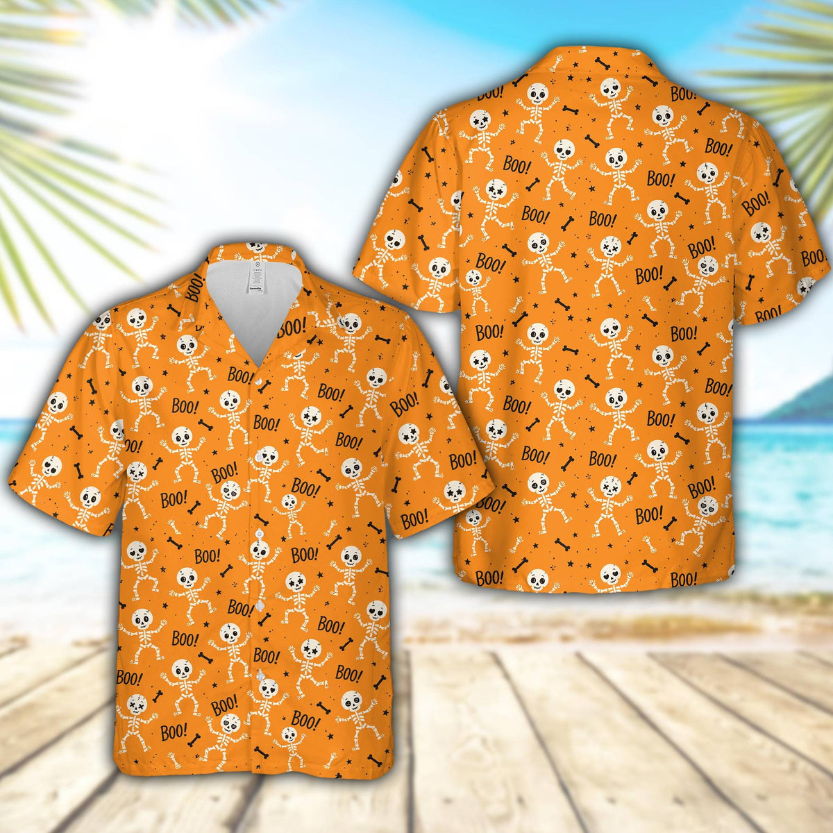 Front view of the matching family halloween hawaiian shirt with cartoon skeletons and scattered bones pattern