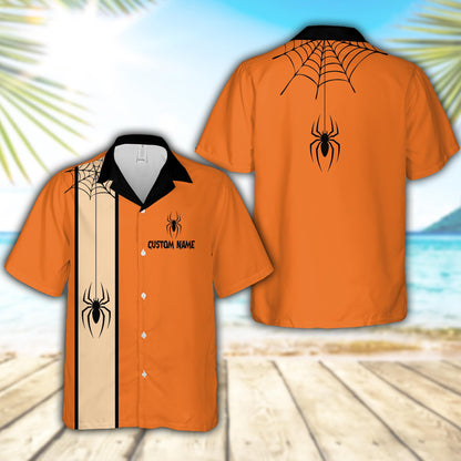 Front view of the orange solid hawaiian shirt featuring a beige vertical stripe and hanging spider