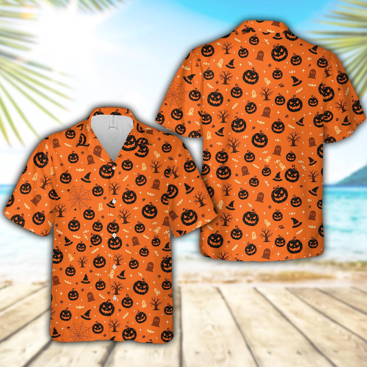 Matching family hawaiian shirts with spooky jack-o'-lanterns and bats, main view