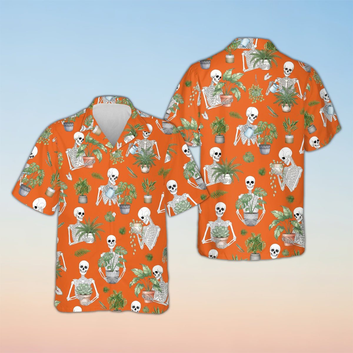 Orange halloween hawaiian shirt front view featuring spooky botanical design