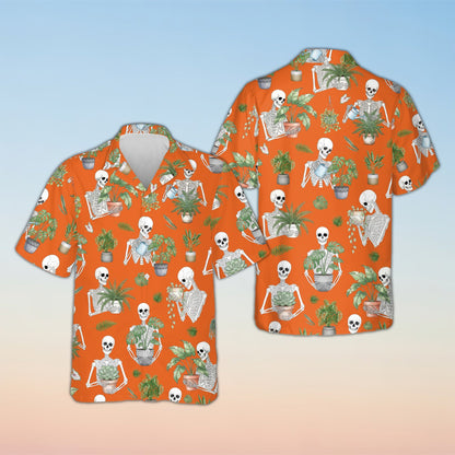 Orange halloween hawaiian shirt front view featuring spooky botanical design