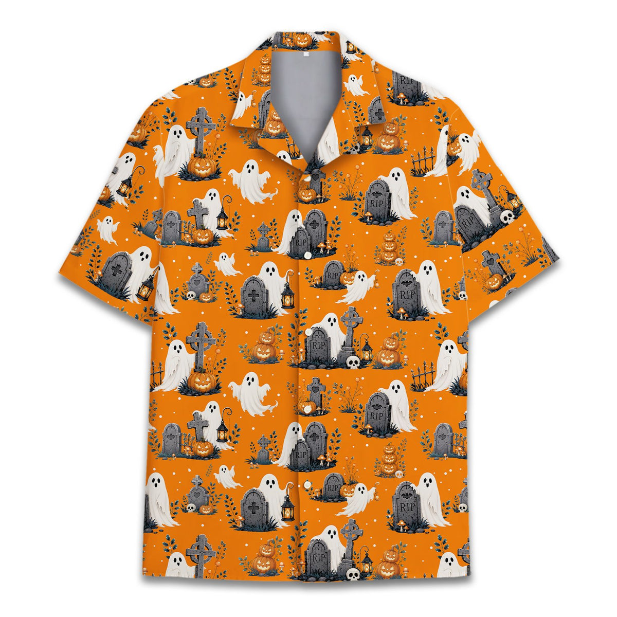 Orange matching family hawaiian shirts with a halloween ghost and pumpkin pattern, front view